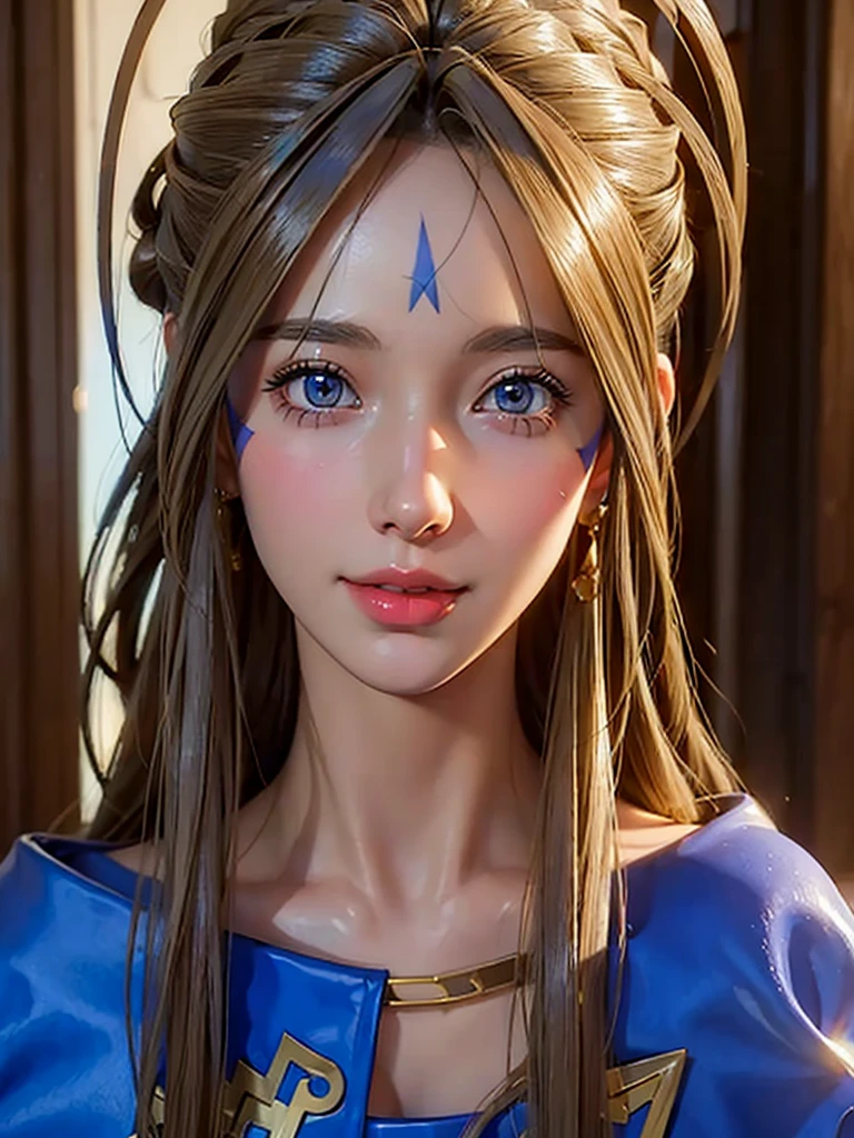 (masterpiece, best quality:1.4), (close up), 1girl, solo, (european youth:1), Belldandy, Belldandy_Blue_Dress, goddess face symbols, looking at viewer, beautifull smile, beautiful face, highly detailed face, highly detailed eyes, sexy bodies, highly detailed skin, skin pores, subsurface scattering, realistic pupils, full face blush, full lips, detailed background, depth of field, volumetric lighting, sharp focus, absurdres, realistic proportions, good anatomy, (realistic, hyperrealistic:1.4), 16k hdr,