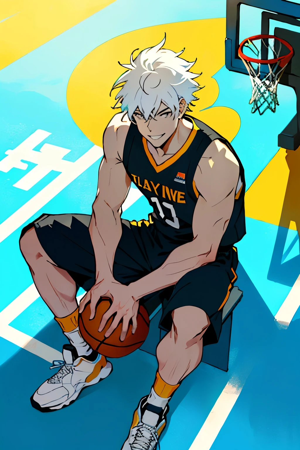 (Sunny Day, High Contrast, Vibrant Colors: 1.4), A towering white male figure, clad in a radiant basketball jersey, leans against the basketball hoop with an easy smile, the sun casting long shadows at his feet. In his hands rests a well-worn basketball, while his gaze is focused intently on the compact screen of his cell phone lying on the freshly painted court below.