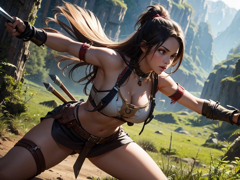 (best quality), (ultra high definition), (crisp), (1girl), a beautiful native American warrior woman, with tomahawk in hand, (action pose), warpaint, hunting in a vast forest, HDR, 4k, 3D.