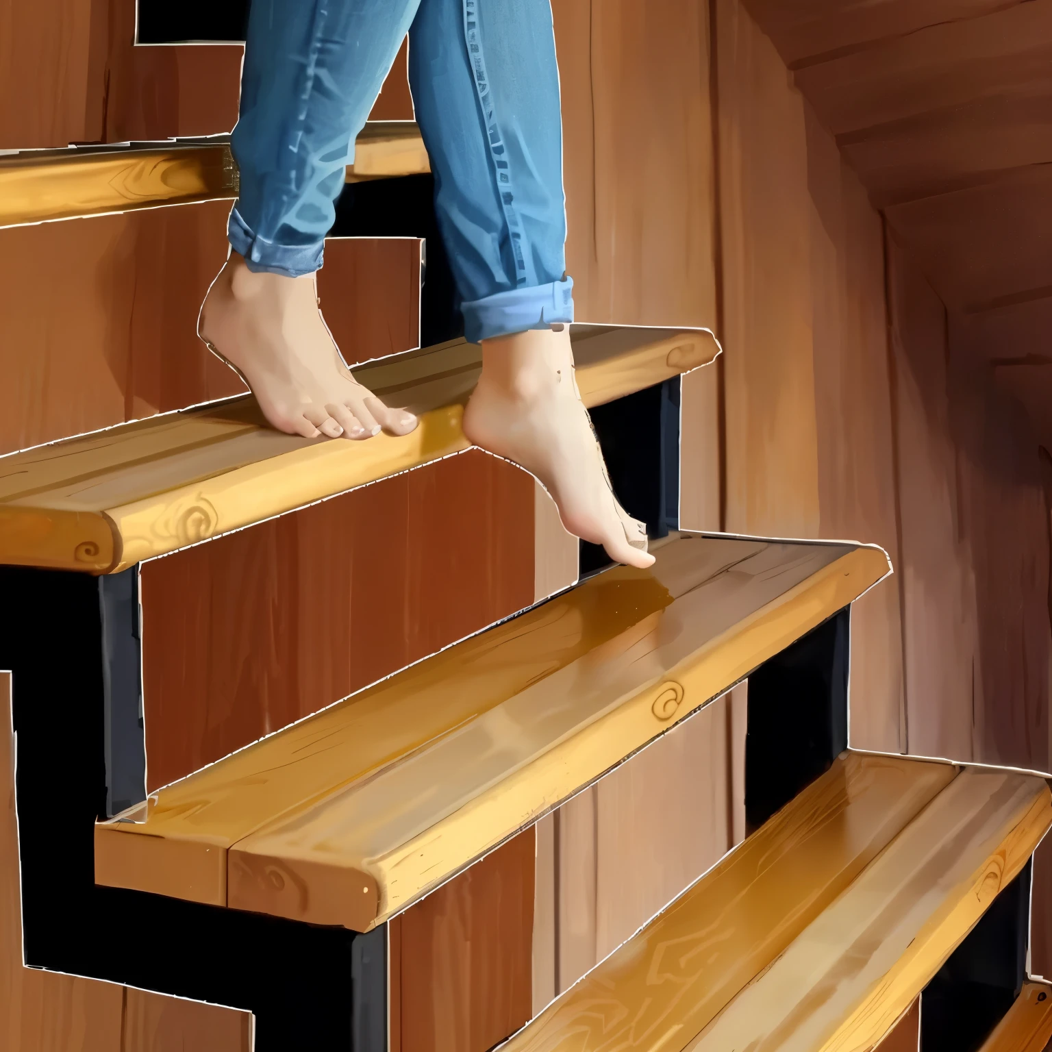 there is a woman standing on a set of stairs with her feet on the railing, wooden stairs, stairs, penrose stairs, impossible stairs, stairss, footsteps, stairss, external stairss, stairs, stairs, coming down the stairs, outdoor stairs, stairs and bookshelves, Easy to understand, small footsteps leading down, stairs from hell to heaven