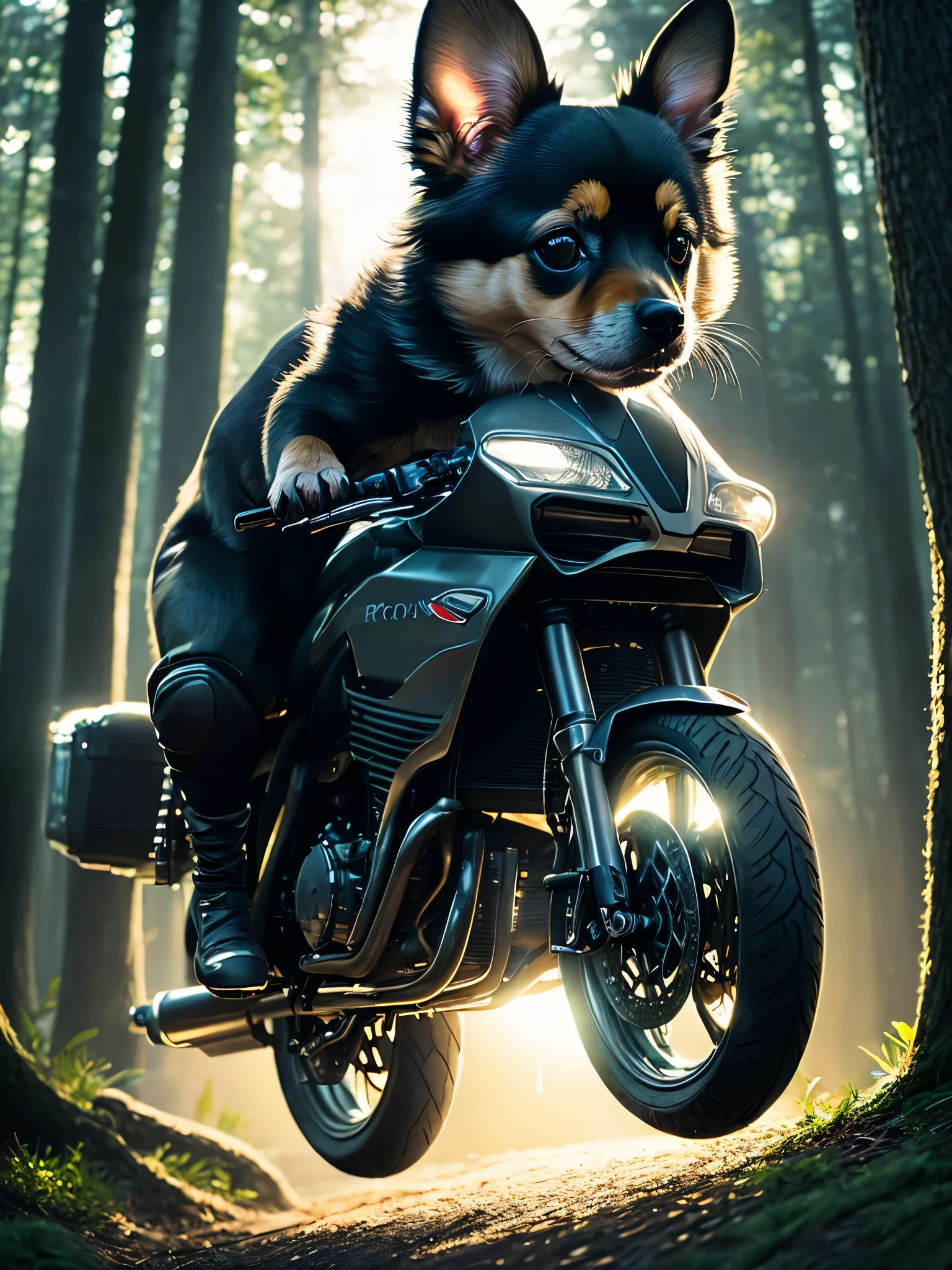 I ride a motorcycle.close up photo of a very cute jumping puppy in the forest, soft volumetric lights, (backlit:1.3), (cinematic:1.2), intricate details, (ArtStation:1.3), Rutkowski、バスケット選手のコスプレ
