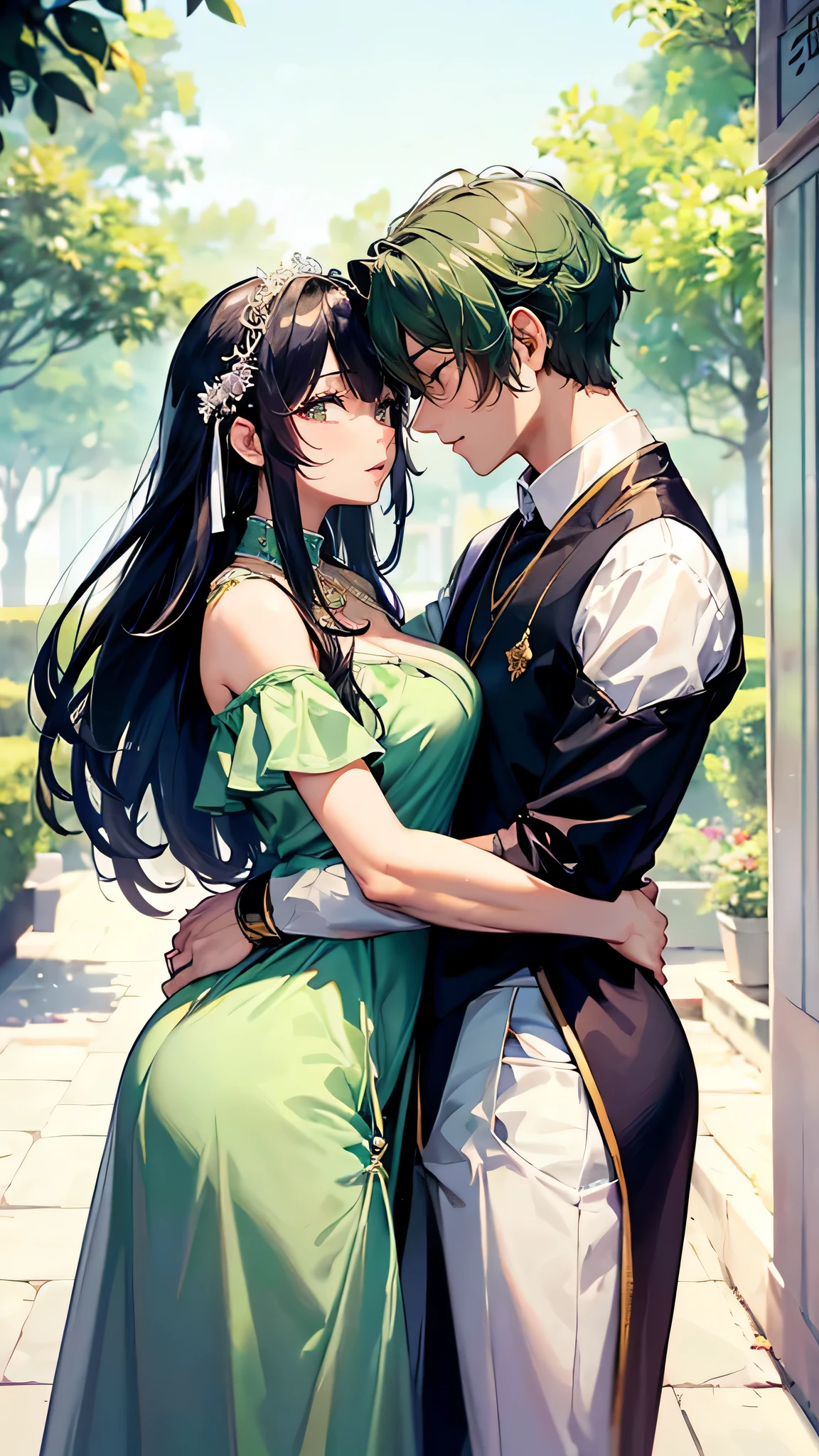 (Level light and shadow, ultra high definition, higher, super detailed,masterpiece,Lots of details)(daytime)Outside the coffee shop,((A man in a white suit,1.5)) and (Beautiful woman in green off-the-shoulder dress and jewel necklace),The two hugged together, panoramic