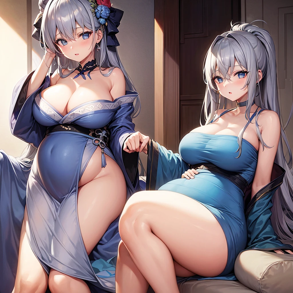 Girl, gray hair, blue eyes, big breasts, pregnant, kimono dress