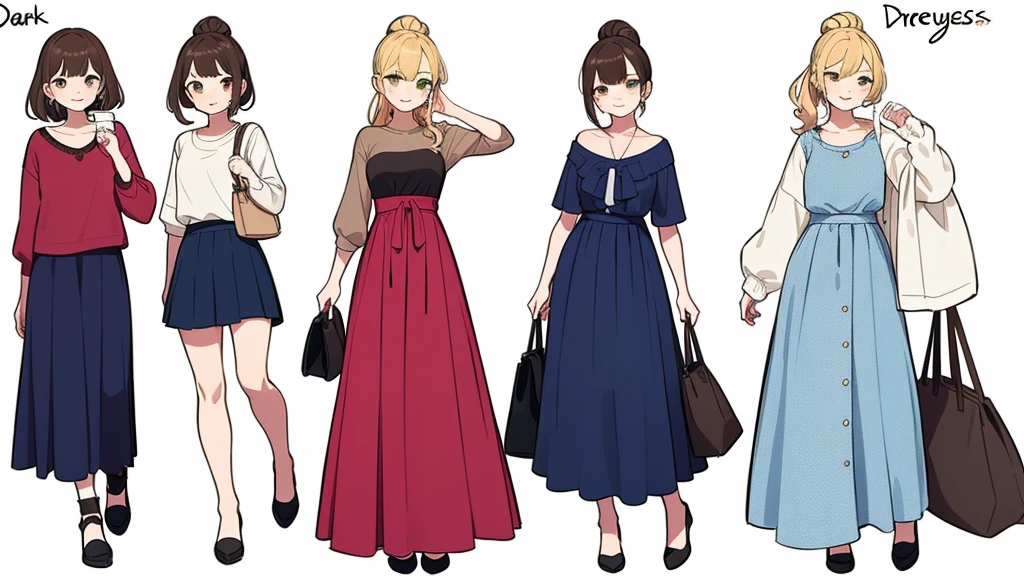 (((Best Quality))) , ((full body)), female, multiple views, (((white background))), variety of hairstyles, variety of fashion styles, seductive pose, fashionable and trendy atmosphere, holding bag, long skirt, dressy casual, 
dark blue, dark orange, dark green, dark violet, brown, white, winter outfits, roaming,