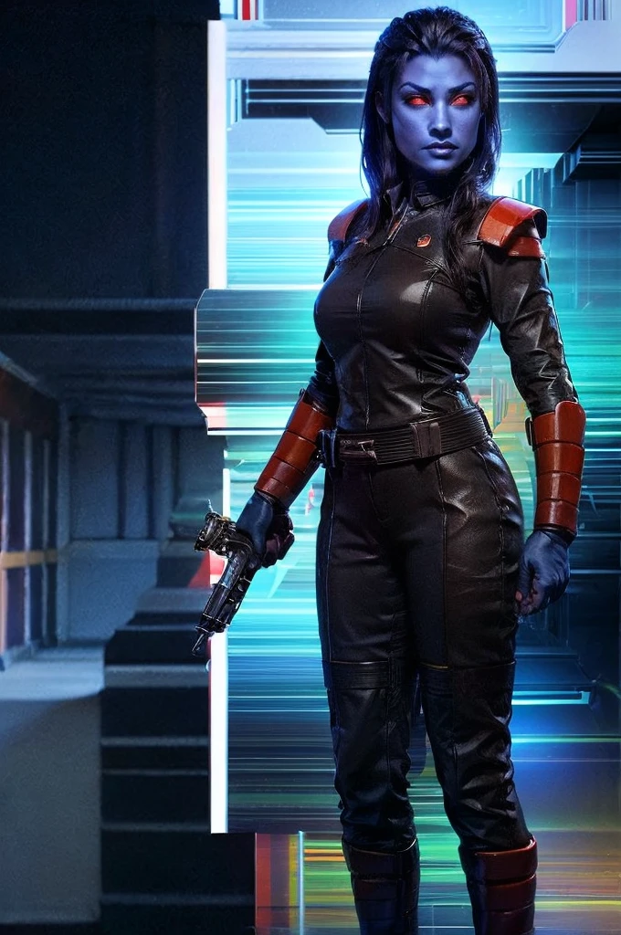 Female Chiss, "blue skin", "black hair", "Red eyes", wearing "black and brown body armor", tool belt, Full body pose,