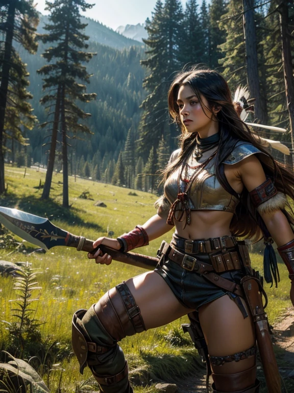 (best quality), (ultra high definition), (crisp), (1girl), a beautiful native American warrior woman, with tomahawk in hand, (action pose), warpaint, hunting in a vast forest, HDR, 4k, 3D.