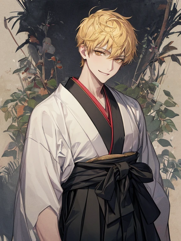 extremely detailed, 1 man, solo, perfect face, pretty face, highly detailed face,yellow short hair, yellow eyebrows、Handsome man with expressive eyes, smiling, yellow eyes、(((Black Hakama)))、(muste piece), (best quality)、