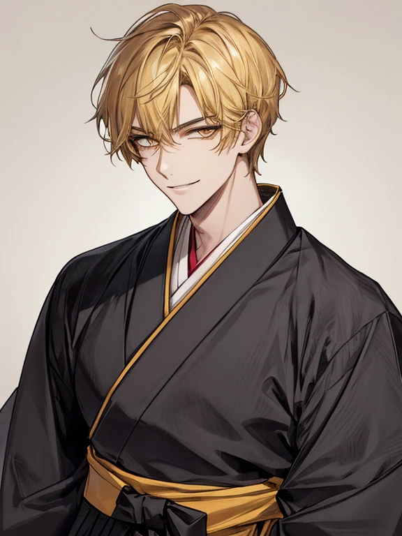 extremely detailed, 1 man, solo, perfect face, pretty face, highly detailed face,yellow short hair, yellow eyebrows、Handsome man with expressive eyes, smiling, yellow eyes、(((Black Hakama)))、(muste piece), (best quality)、