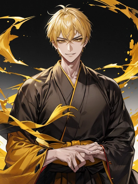 extremely detailed, 1 man, solo, perfect face, pretty face, highly detailed face,yellow short hair, yellow eyebrows、Handsome man with expressive eyes, smiling, yellow eyes、(((Black Hakama)))、(muste piece), (best quality)、Huangze Ryota