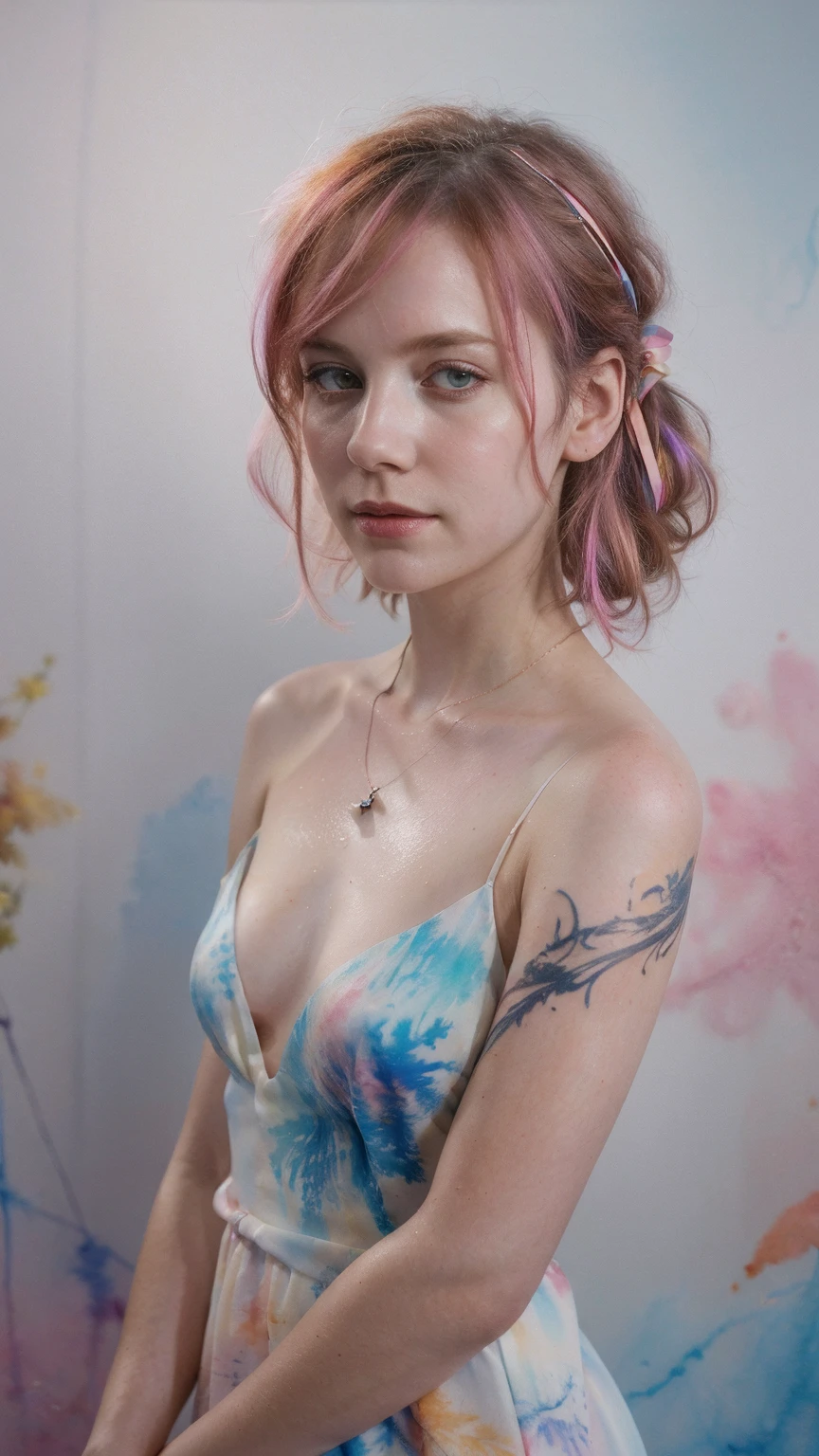 (8k, best quality, masterpiece:1.2),(best quality:1.0), (ultra highres:1.0), watercolor, a beautiful woman, shoulder, hair ribbons, by agnes cecile, half body portrait, extremely luminous bright design, pastel colors, (ink:1.3), autumn lights, shy, blushing, silk dress necklaces, jewellers,