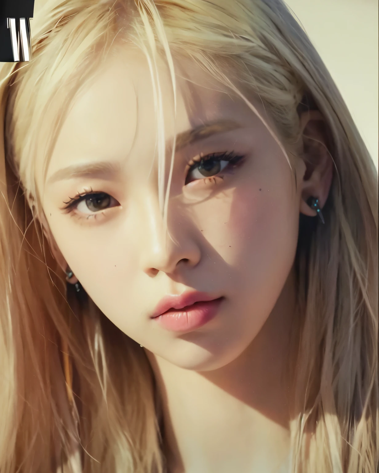 un primer plano de una mujer con cabello largo y rubio y piercings, portrait of jossi de blackpink, parque roseanne de blackpink, jossi de blackpink, kim doyoung, sol yunjoo, Lalisa Manoban de Blackpink, Jinyoung Shin, Lalisa Manobal, jaeyeon nam, cara redonda pálida, retrato de jisoo rosa negro, TaeJune Kim