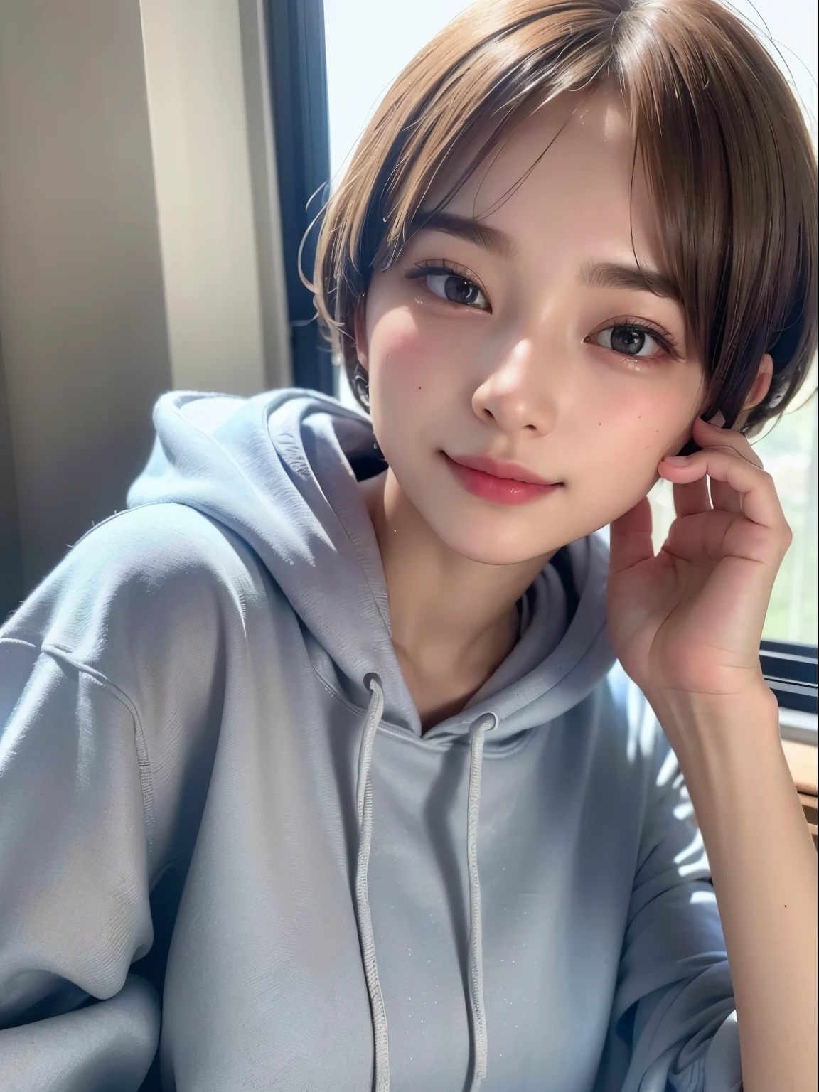 ((highest quality))、(masterpiece:1.4)、RAW photo、8K、((best image quality))、 ((highest resolution))、ultra fine photo、delicate face、Beautiful face in every detail、very detailed、(one woman:1.3)、realistic、(cute woman:1.3)、((boyish))、(Beautiful woman)、(small face:1.3)、((long neck))、[smile]、a hoodie、