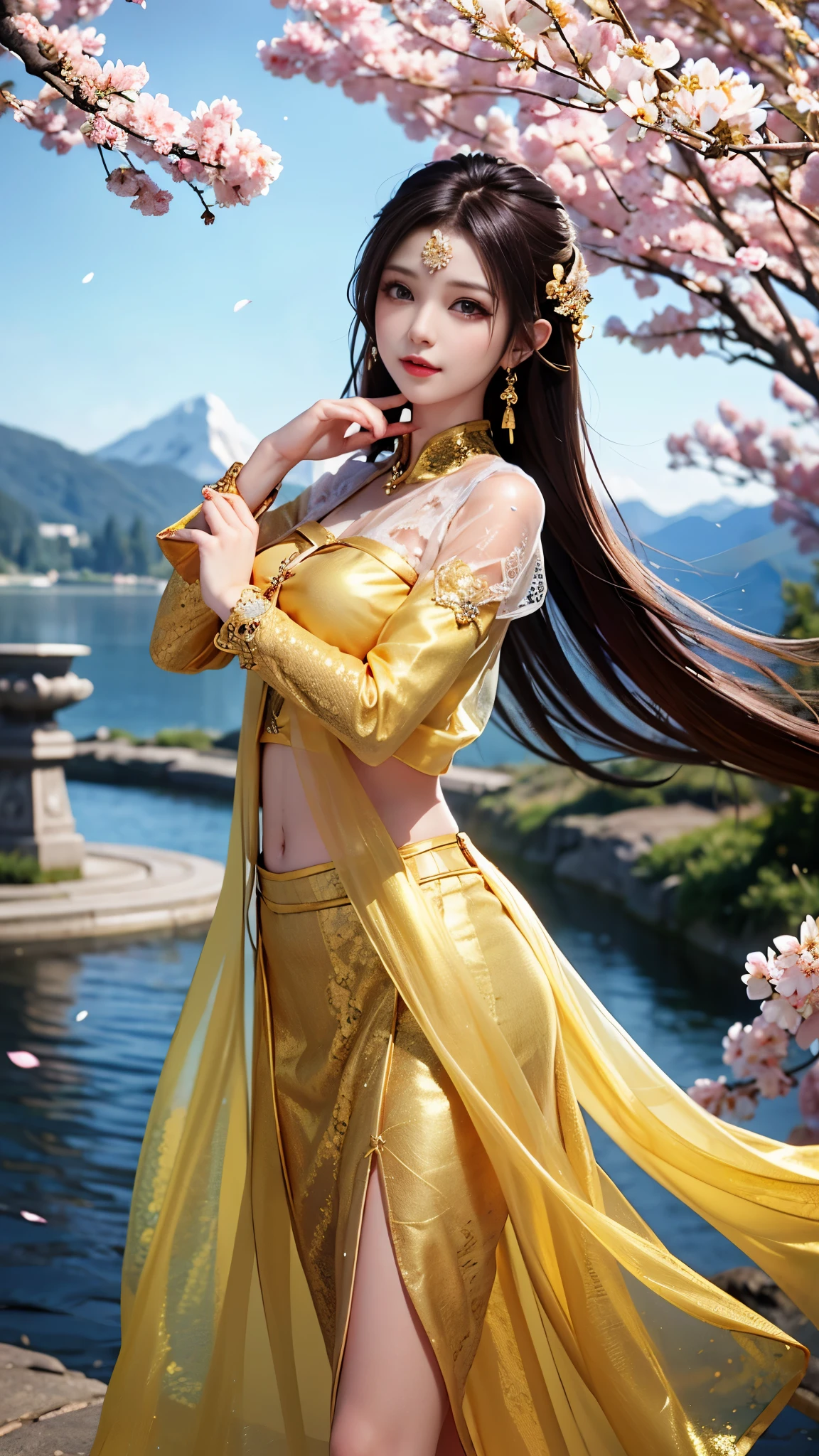 8K, ultra hd, masterpiece, 1 girl, very long hair, detailed eyes, glossy lips, ((golden clothes)), (translucent golden lace:1.5), skirt, (jewellery:1.5), ray tracing, ((mountain)), river, morning, cherry blossom leaf falling, dancing poses, 