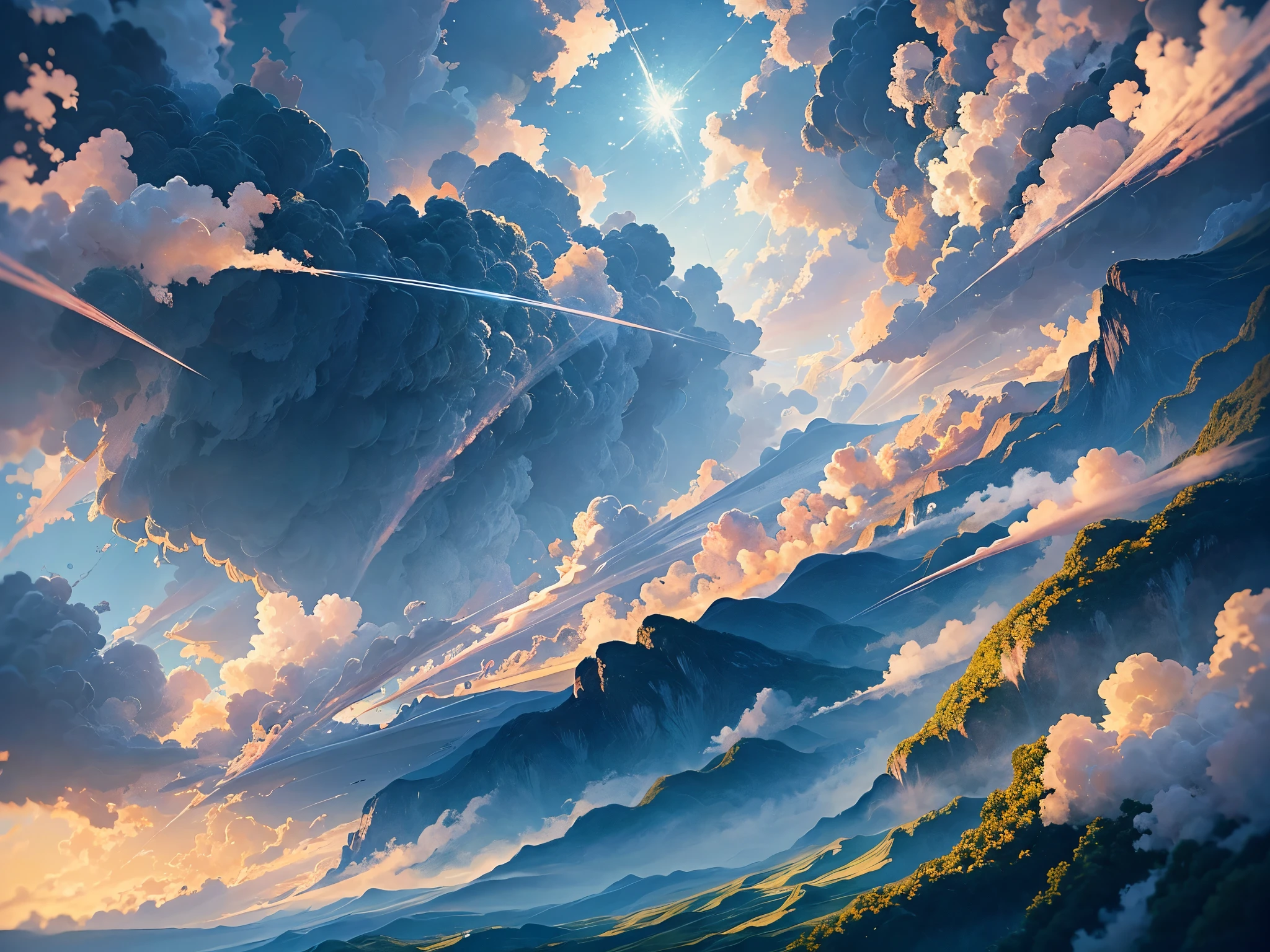 Imagine a scene featuring a sparkling sky adorned with clouds, where a beam of sunlight emerges on the horizon, casting its radiant glow over a forest. This enchanting forest is brought to life with an array of shallow flowers, each delicately decorating the landscape in a realistic anime style, rendered in high definition. Above, the sky is a mesmerizing canvas, with clouds drifting elegantly amidst the shimmering glow. A ray of sunlight pierces through, painting the horizon with warm hues and illuminating the anime-inspired forest below. As the light filters through the treetops, various vibrant and shallow flowers bloom, creating a captivating and detailed scene. The petals gently sway in the breeze, adding a dynamic and enchanting quality to the atmosphere. The meticulous attention to detail, characteristic of high-definition anime, is evident in every petal, leaf, and ray of sunlight, delivering a stunningly realistic portrayal. This anime-style landscape is a fusion of realism and artistic expression, where the beauty of nature converges with the intricate charm of anime, all captured in a breathtaking high-definition version fotografia de paisagem expansiva，（lua cheia：1.2），（Meteoros：0.9），（Nuvem estelar：1.3），（Fonte de luz quente：1.2），（pirilampo：1.2），lamp lights，Muito roxo e laranja，Detalhes complicados，volumetric lighting，realismo QUEBRA（obra-prima：1.2），（melhor qualidade），8k，ultra-detalhado，（dynamic compositions：1.4），The is very detailed，detalhes coloridos，（Cor iridescente：1.2），（luminous lighting，atmospheric lighting），dream magical，magical，（only：1.2），（（melhor qualidade））， （（obra-prima））， （o detalhe：1.4），profundidade de campos，maximum definition and sharpness，perfectly proportioned，fluttering clouds，Papeis de parede