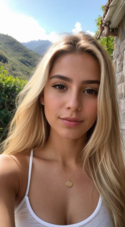 A 23-year-old blonde woman, ((pechos grandes)), ((hiperrealismo)) ,. blonde hair with light brown roots. cabello rubio, Hair with brown roots, cabello extra largo, cabello muy largo, really long hair, Beautiful, Front view, selfie, photo taken with iPhone, elegant black shirt with escote, escotada, selfie in the garden, high quality, selfie iPhone, cleavage, nipples,