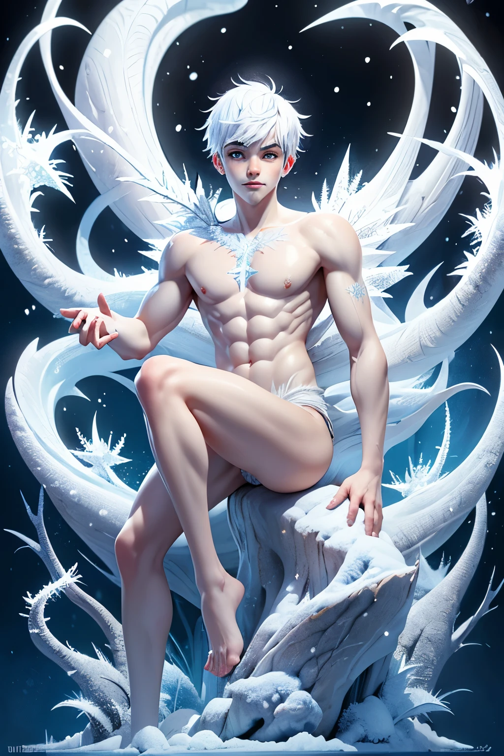 (Jack Frost: 1.6), young man, 18 years old, milk white skin, blue eyes, white hair, shirtless, 6-pax abs, (full body shot), young boy, 18 years old, beutiful, perfect, milk white skin, slim body, very detailed blue eyes, very pale skin, barefoot in a snow forest, winter. (masterpiece:1.4, best quality), (intricate detail), Unity 8k wallpaper, Ultra Detailed, (abstract art:1.2), (Anato Finnstark style:1.3), boy from another dimension, a symphony of iridescent colors merging and shifting seamlessly, dynamic pose with rotating patterns of energy around you, a mix of determination and serenity in his expression, a general feeling of transcendence and exploration, consumed by inner darkness, empty waiting you, (Beautiful cosmic eyes), perfect lighting, perfect shading, (children face, good face)