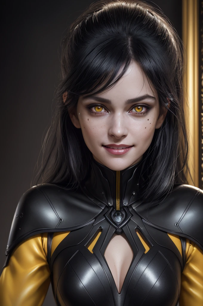 best quality,4k,portrait,painting,ultra-detailed,(realistic,photorealistic,photo-realistic:1.37),dark colors,sharp focus,studio lighting,psychopathic smile,raven haired girl,beautiful detailed eyes,extremely detailed face,black veins across her face,yellow glowing eyes,thin metal suit,beautiful figure