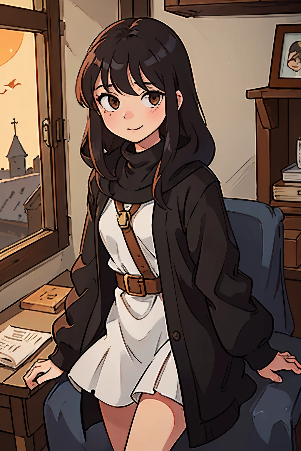 (1Girl, russian model, ((beautiful, perfect)), ((brown eyes)), long hair black hair, noble, ((cute, petite)), shy smile, wearing simply ((black)) medieval clothes), (in a wooden cabin)