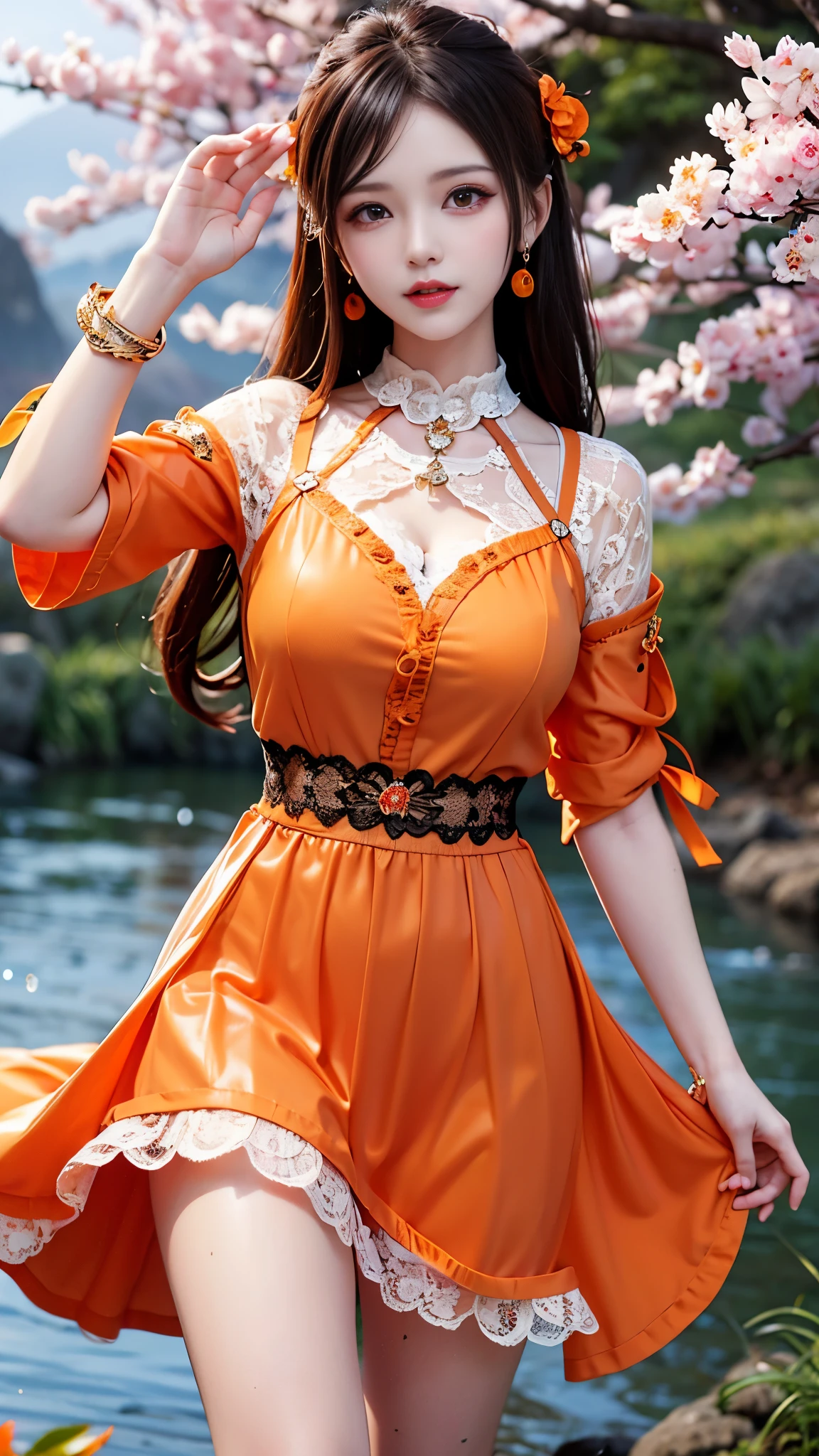 8K, ultra hd, masterpiece, 1 girl, very long hair, detailed eyes, glossy lips, ((orange clothes)), (translucent orange lace:1.5), skirt, (jewellery:1.5), ray tracing, ((mountain)), river, morning, cherry blossom leaf falling, dancing poses,