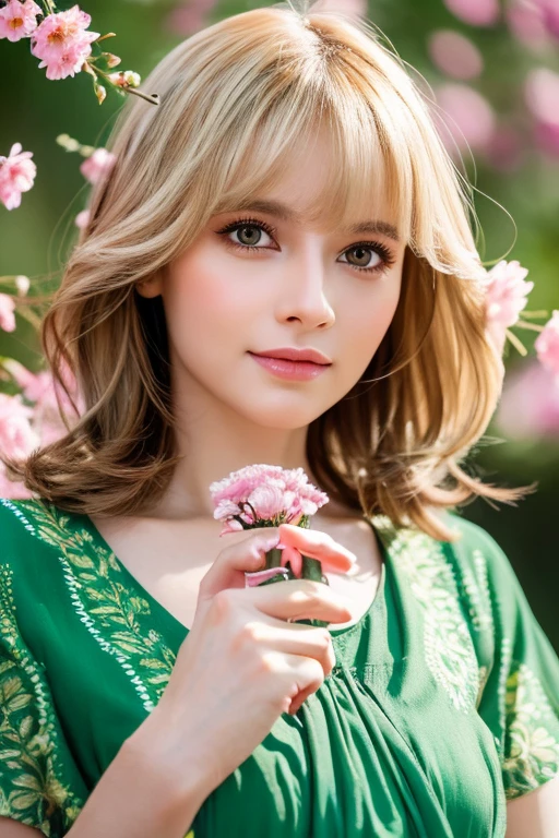 (absurdres, highres, ultra detailed), 1girl, mature female, wavy blonde hair, long hair, blunt bangs, green eyes, pink dress, finely detailed eyes and detailed face, extremely detailed CG unity 8k wallpaper, intricate details, BREAK , kaleidoscopic imagery, symmetrical patterns, vibrant colors, geometric shapes, mesmerizing designs, optical illusions, dynamic composition BREAK , pantomime art, expressive body language, silent storytelling, evocative gestures, visual narratives, theatrical performances BREAK , blooming flowers, colorful petals, fragrant scents, nature's bounty, vibrant gardens, peaceful scenery