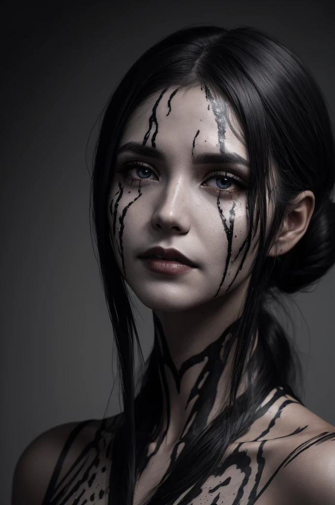 Very pale skinned woman, Tiana Upcheva, with black and red veins all over her body in a terrifying way, ghostly aspect. sapphire blue eyes and jet black hair. downcast expression