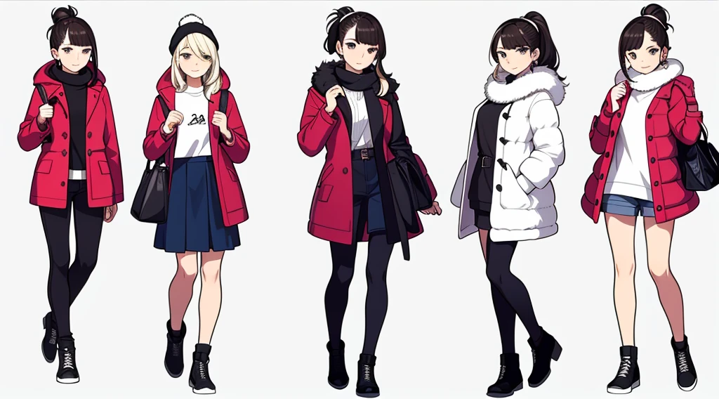 (((Best Quality))) , ((full body)), female, multiple views, white background, variety of hairstyles, variety of fashion styles, seductive pose, fashionable and trendy atmosphere, holding bag, winter outfits, coat/jacket,