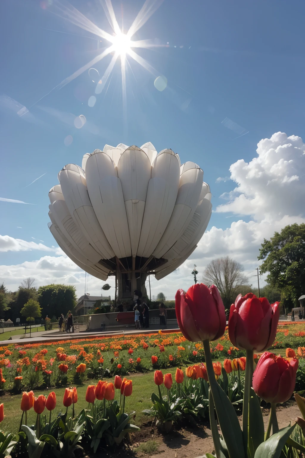 ((best quality)), ((masterpiece)), (detailed), big tulip in front, smaller tulips in back, clouds, a sun and two hearts on the sides