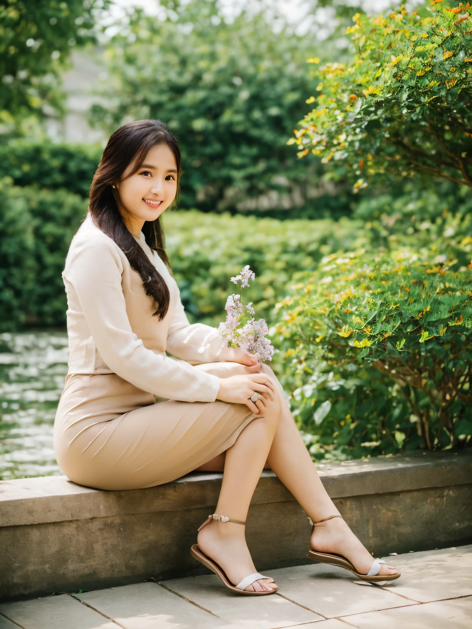 Myanmar beautiful girl the whole body (from head to feet), realistic photos, wearing long sleeve & longyi, with the background of beautiful garden.