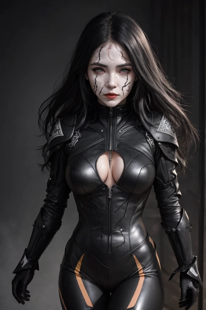 Black veins across her face.