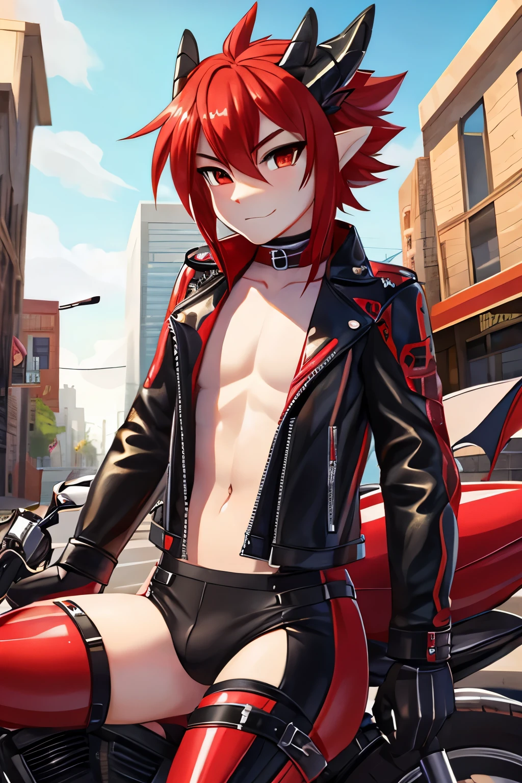 Feminine,tomgirl , thin ,Red,male,dragon,in sexy revealing biker outfit, full image,leaning on motorcycle
