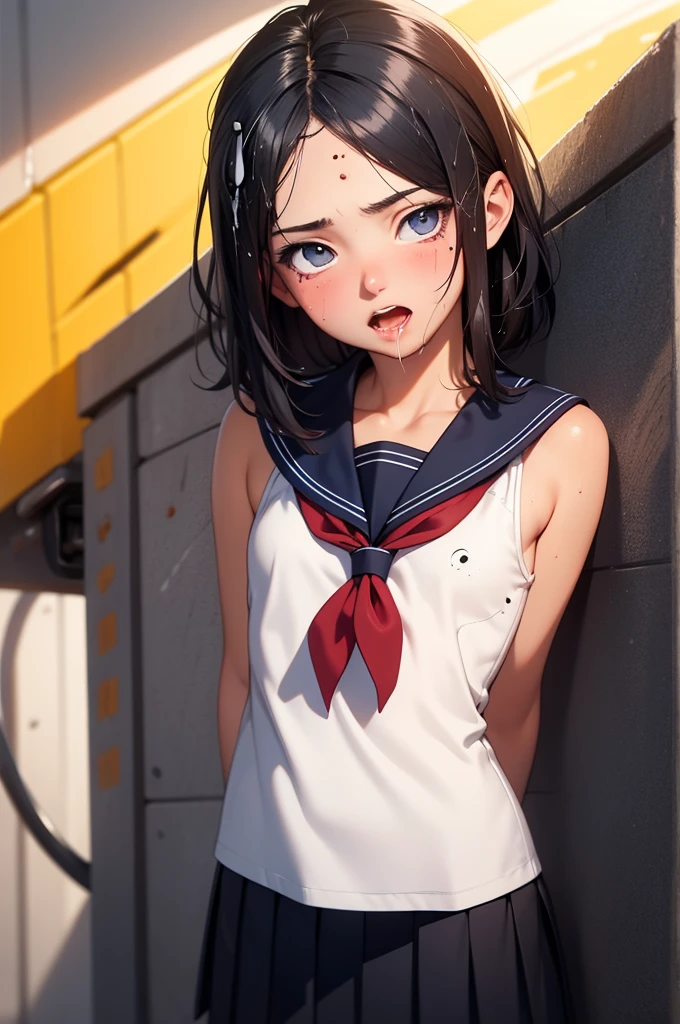 (Photorealistic:1.5), (​masterpiece, Highly detailed 8K CG, Sharp lines), hi-school girl, A dark-haired, Beautiful anime schoolgirl, Smooth Anime CG Art, Beautiful anime schoolgirl, Beautiful anime girl, (-yeld beiful girl:1.2), Detailed skin, (gleaming skin:1.6), (beautiful short black hair.:1.4), Beautiful black hair, blue Eye, (many streaming sweat:1.2), (drunken eyes:1.9), (orgasm:1.9), (flat chest:1.8), (gaunt:1.9), (student clothes, a sailor suit, Dark blue pleated skirt:1.4), (sleeveless:1.2), (head shot:2.9), wet, solo, one girl, (shoot from above:1.2), (leaning forward:1.5), Inside the classroom, (open mouth:1.3), (Tight fitting clothes:1.0), (blush:1.0), (Lots of clear drool overflows from her mouth and drips from her chin.:0.6), (half closed eyes:1.3), (arms behind back:1.6)