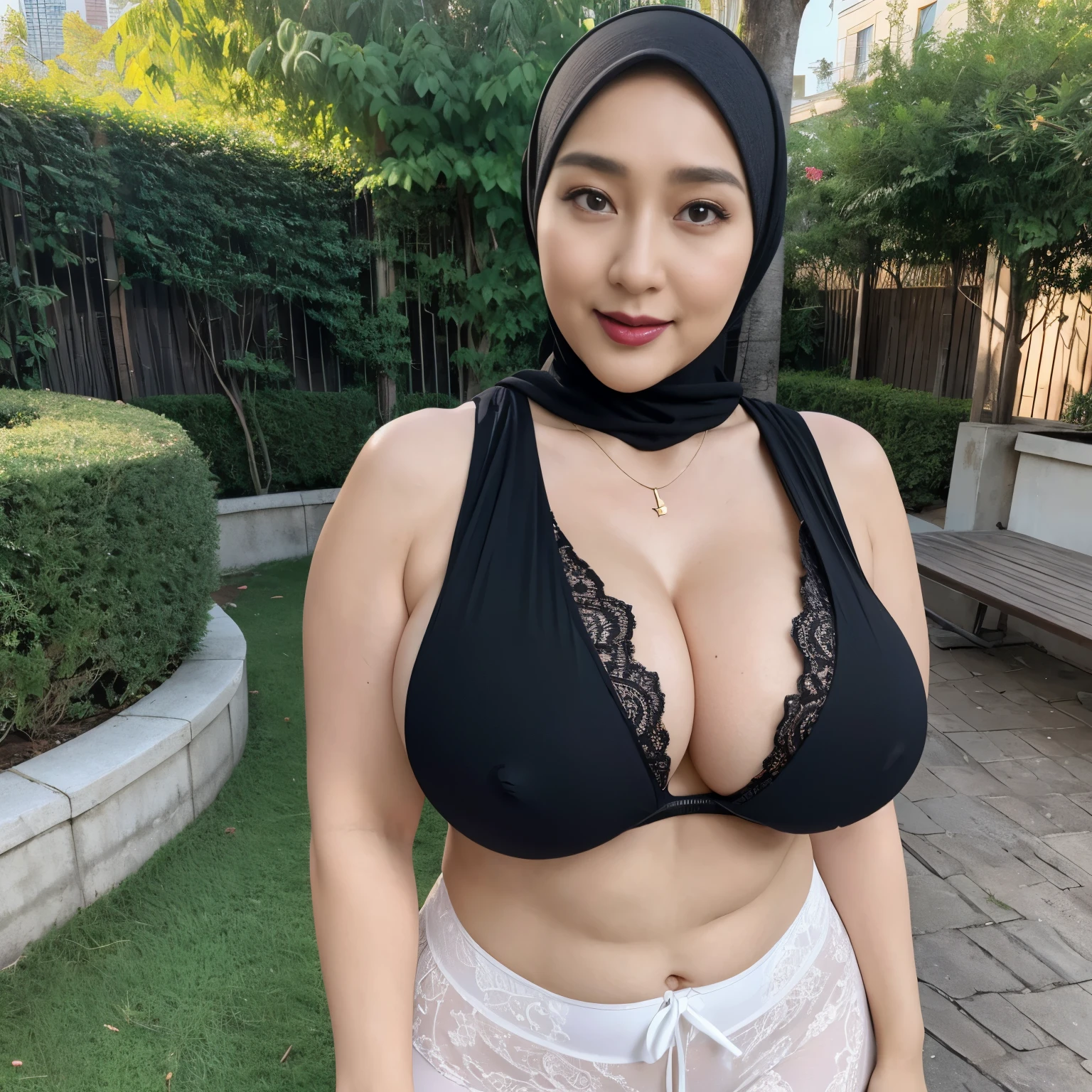 55 Years old, Indonesian mature woman, wearing Wide Hijab, (PAWG : 1.2), (BBW : 1.2), Oily White Like Porcelain Skin, perfect Six pack abs : 1.3, (natural Massive Extra Huge breast : 1.5), (Black Sensual Lipstick : 1.3), gorgeous eyes, Soft smile, wear a red lace bra and a tight transparent legging, necklace, Alluring Face, Erotic pose, DayTime walk, City garden, Excellent lighting, Light colors, Clean lines