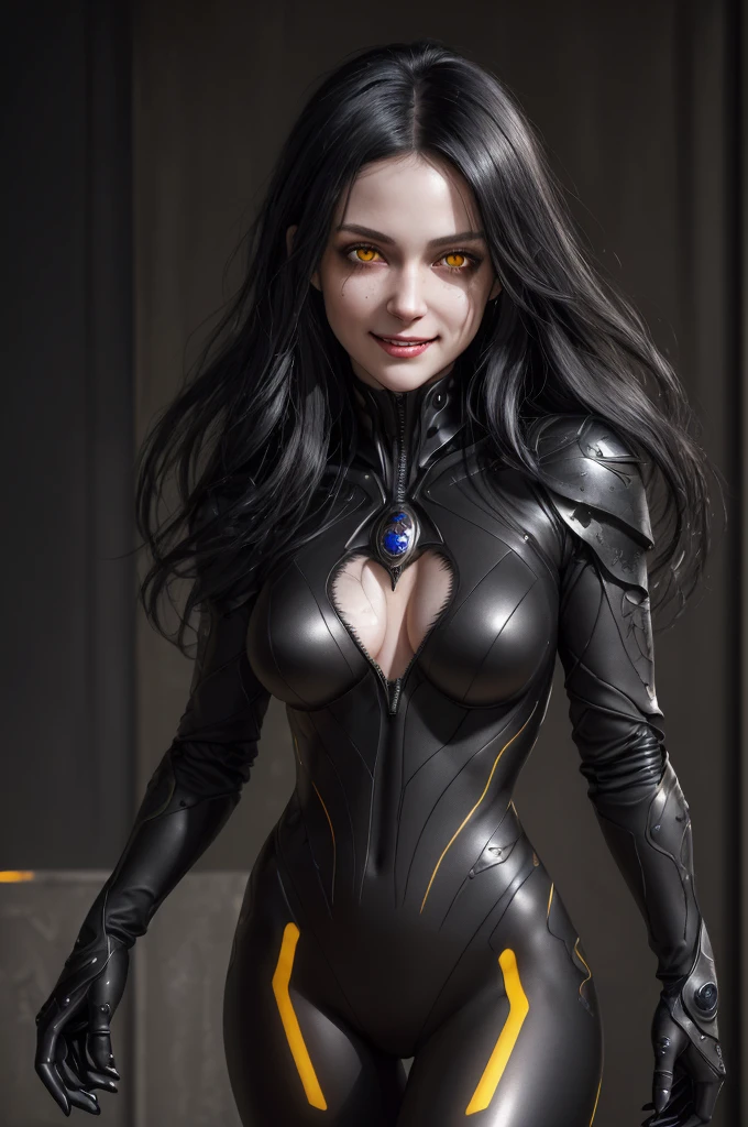 best quality,4k,portrait,painting,ultra-detailed,(realistic,photorealistic,photo-realistic:1.37),dark colors,sharp focus,studio lighting,psychopathic smile,raven haired girl,beautiful detailed eyes,extremely detailed face,black veins across her face,yellow glowing eyes,thin metal suit,beautiful figure