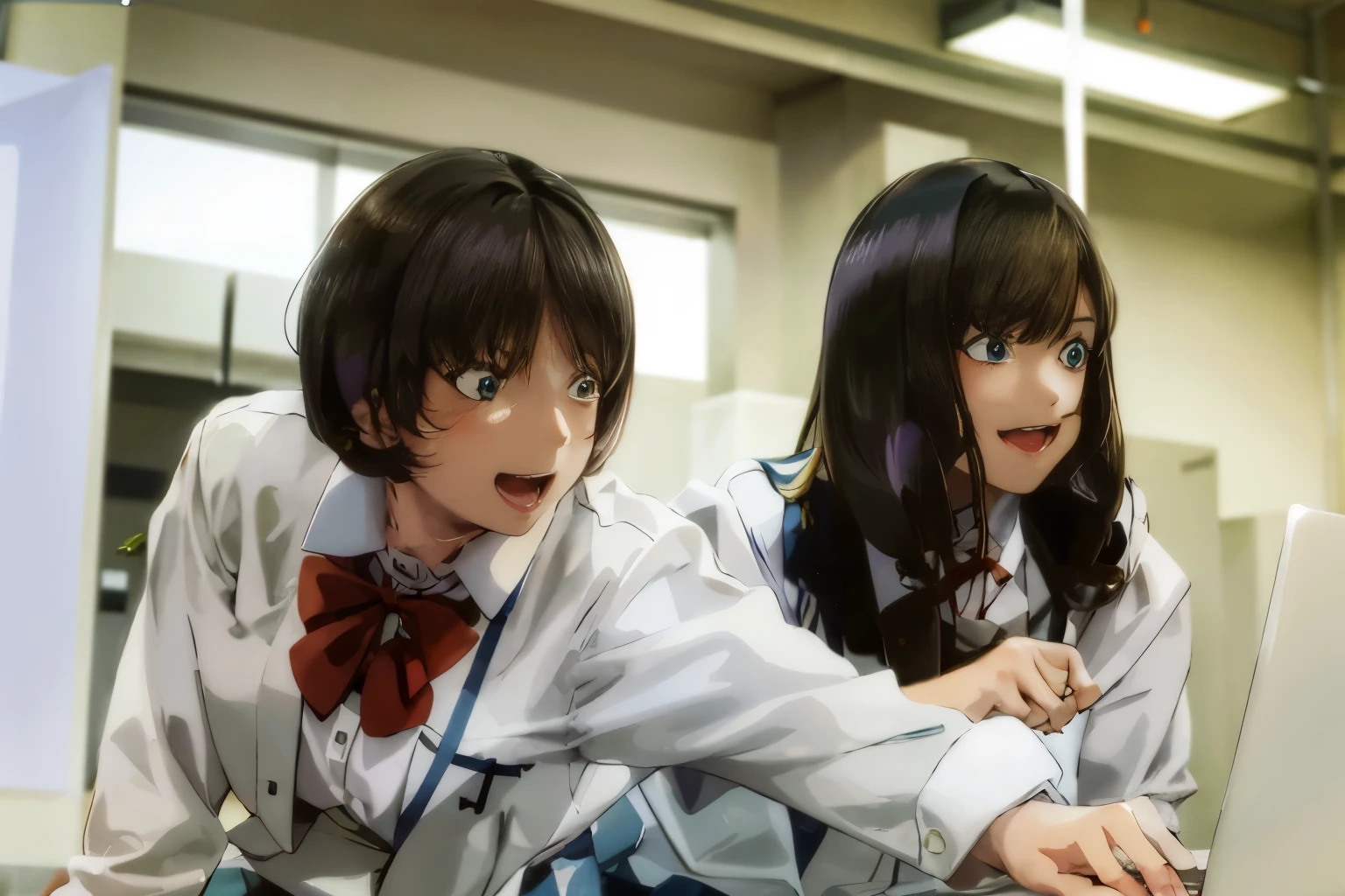 Has kind eyes,Two women in uniform are looking at a laptop screen, Japanese high school, wearing japanese school uniform, Two Japanese female students posing, The color of the uniform ribbon is blue, japanese school uniform,smile,２D anime character