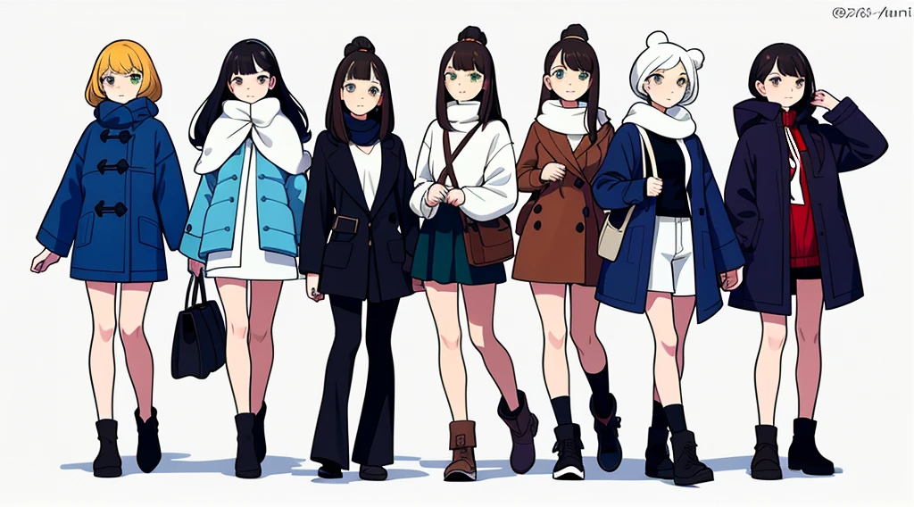 (((Best Quality))) , ((full body)), female, multiple views, white background, variety of hairstyles, variety of fashion styles, seductive pose, fashionable and trendy atmosphere, holding bag, winter outfits, coat/jacket, roaming, walk pose, dark blue/dark orange/dark green/dark violet/brown/white,