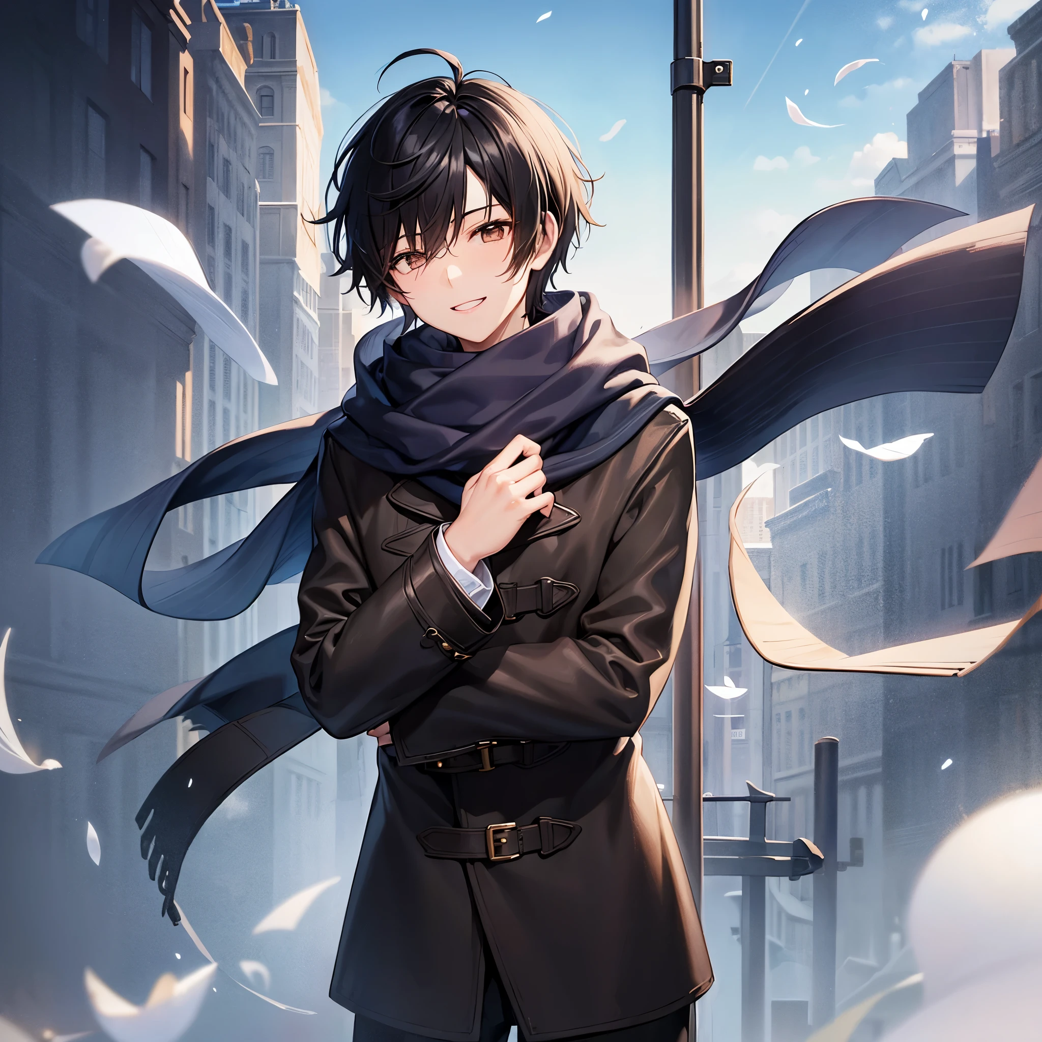 boy、black hair、brown eyes、short hair、smooth hair、smile、coat、Scarf、sweater、upright、Front perspective、high quality、high resolution、whole body