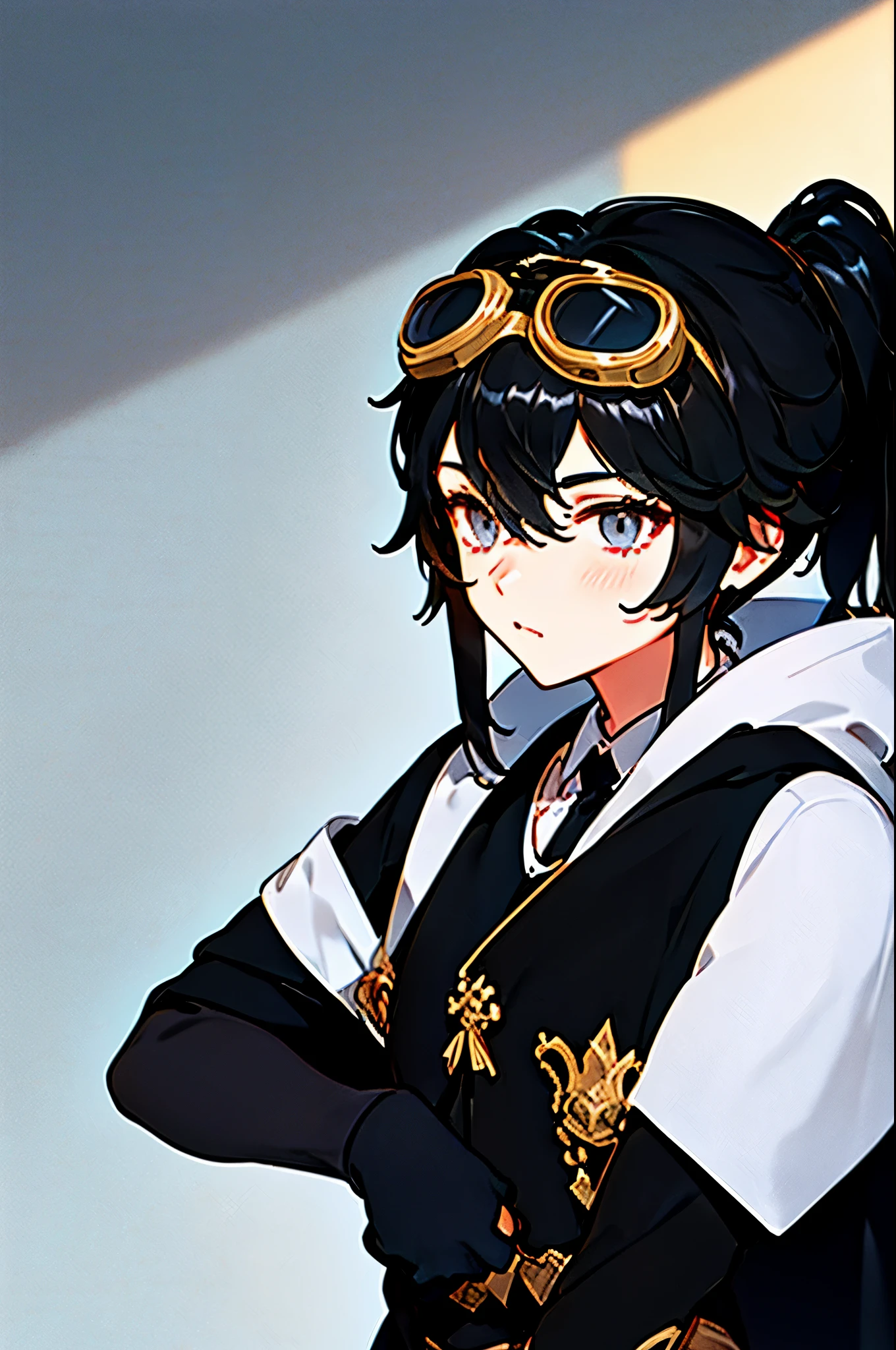 grey eyes,black hair,short ponytail,1boy,male,full_shot,cloak,white capelet,goggles on head,