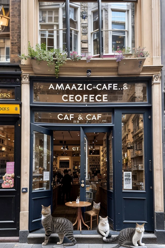 Amazing cat-themed cafe in the heart of the city，There are hurried pedestrians outside the store，people in the store，Drinking coffee and working，writing，read，pet cat，The store is very high-end