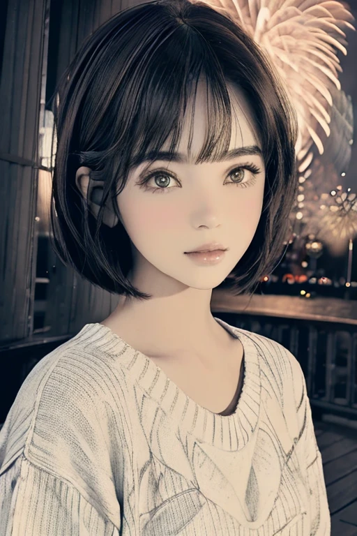 (masterpiece:1.3), (8k, lifelike, original photo, best quality: 1.4), (1 girl), pretty face, (realistic face), (black hair, short hair:1.3), beautiful hairstyle, realistic eyes, Beautiful and delicate eyes, (lifelike皮肤), beautiful skin, (sweater), ridiculous, attractive, ultra high resolution, Surreal, Very detailed, golden ratio，Standing under the fireworks