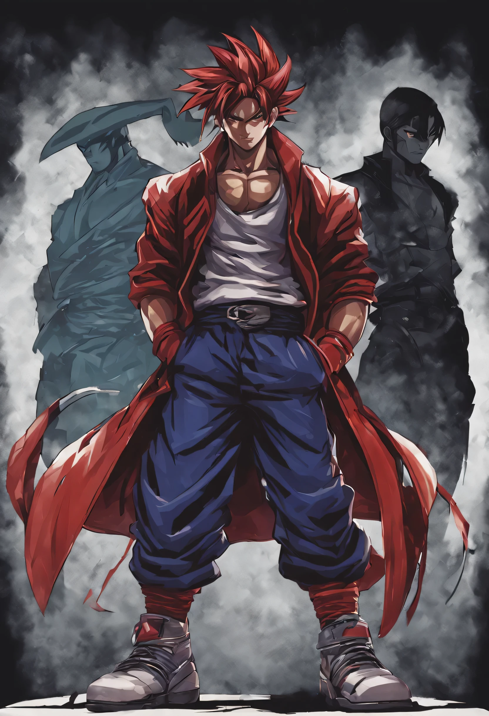 dark antagonist from anos 90 fighting game, iori yagami o rei dos lutadores, Vegeta de Dragon Ball Z, Hiei Yu Yu Hakusho, Genjuro Kibagami, Sasuke Uchiha, Pequeno DBZ, Sonic knuckles, zero do megaman, Tetsuo Akira, arte tradicional, Pintura, caractere de borda, atmosfera antagonista, personagem legal, anos 90, design simples, armaduras, cabelo curto, Traje Cyberpunk