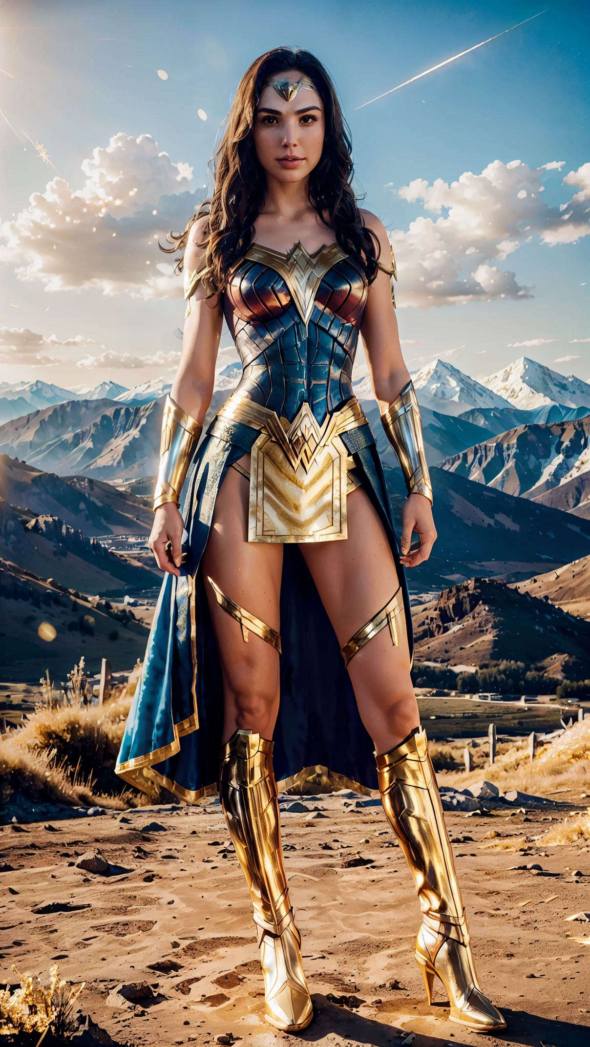 gal gadot is wonder-woman (((full body costume with white and gold tones))), mountain, stunning scenery, surreal lighting, extremely extravagant lighting, beautiful scenery, afternoon, natural, sunset, sun shining hidden