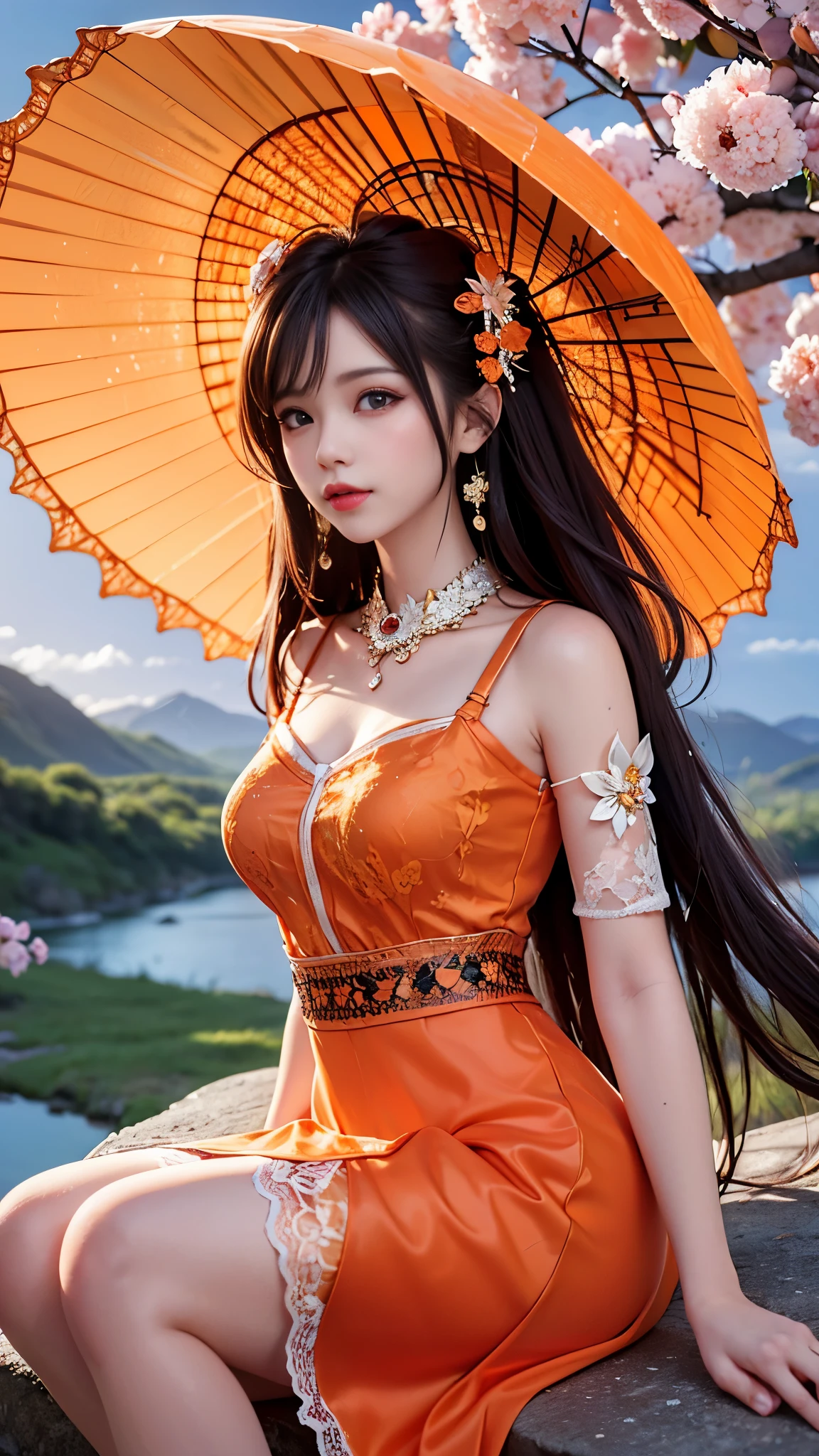 8K, ultra hd, masterpiece, 1 girl, very long hair, detailed eyes, glossy lips, ((orange clothes)), (translucent orange lace:1.5), skirt, (jewellery:1.5), ray tracing, ((mountain)), river, morning, cherry blossom leaf falling, sitting,