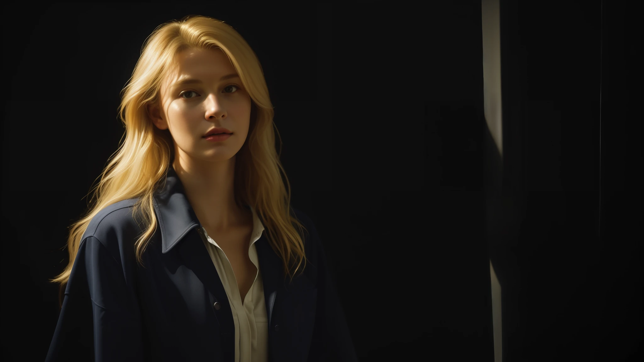 (front focus),(in the dark:1.6), Hyperrealist portrait of a woman by David Hockney and Alphonse Mucha, fantasy art, photo-realistic, dynamic lighting, art station, poster, volumetric lighting, very detailed faces, 4 k, award-winning,, 1girl, in the dark, deep shadow, low key, cowboy shot,(official clothing:1.4), long hair, blond hair,