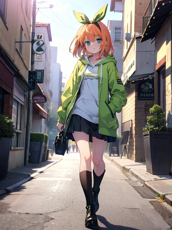 masterpiece, highest quality, highest quality, 1 girl, Yotsuba, (smile), (Green Ribbon), green long hoodie,white mini skirt,White knee-high socks,Black short boots,In town,walking，blowing bubblegum