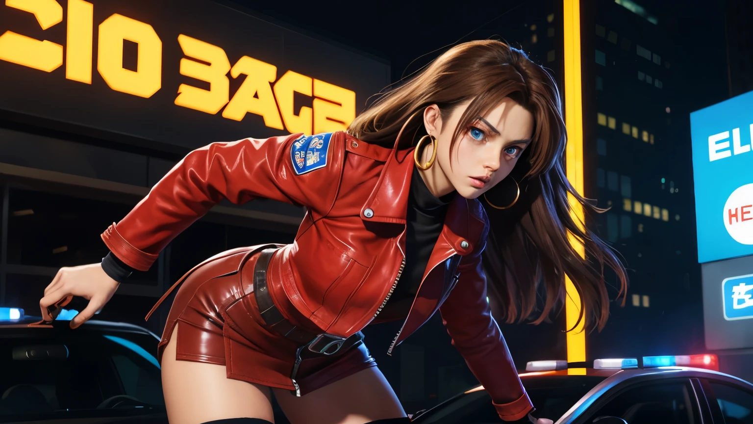 2d anime style, woman with long brown hair, blue eyes, wearing red top, red miniskirt, belt hanging from her hips, black leather jacket with the sleeves rolled up at the elbows, martial arts training glove on her hands, red leather boots, gold hoop earrings, character very similar to Blaze from the Sega Genesis game "Streets of Rage", she is next to a police car in a big city at night, there are advertisements and neon signs, it has just rained in the area