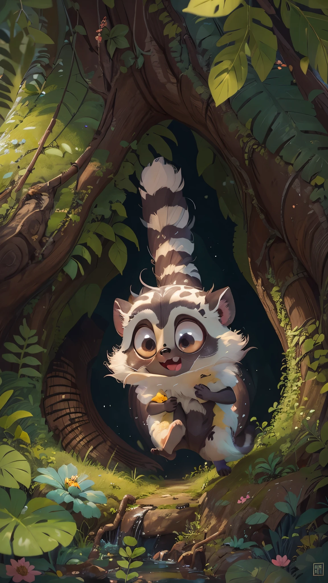 Front view of a cute lemur jumping out of a tree hole,It opens its mouth,close up, Pixar style, best quality, stills, very cute, big eyes, Birds and flowers around, Rainforest,Very happy,high details, high quality, masterpiece, ccurate, super detail,