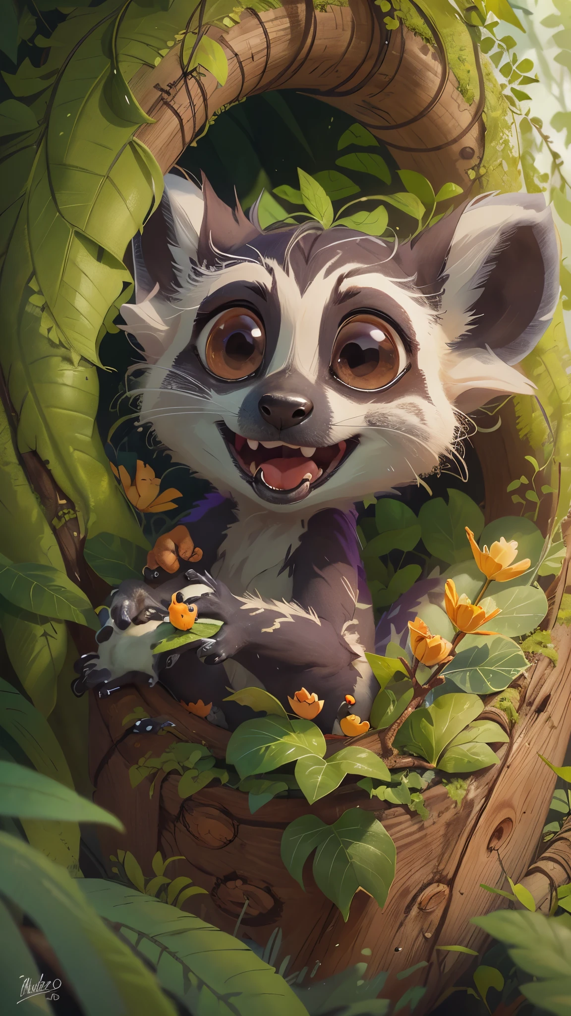 Front view of a cute lemur jumping out of a tree hole,It opens its mouth,close up, Pixar style, best quality, stills, very cute, big eyes, Birds and flowers around, Rainforest,Very happy,high details, high quality, masterpiece, ccurate, super detail,