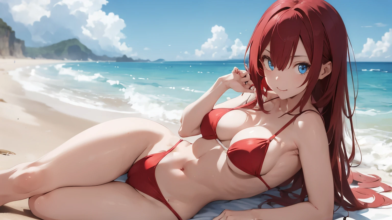 cosplayer de zero two sexy,
pelo color rosado,
blue eyes lying on the beach wearing small red bikini