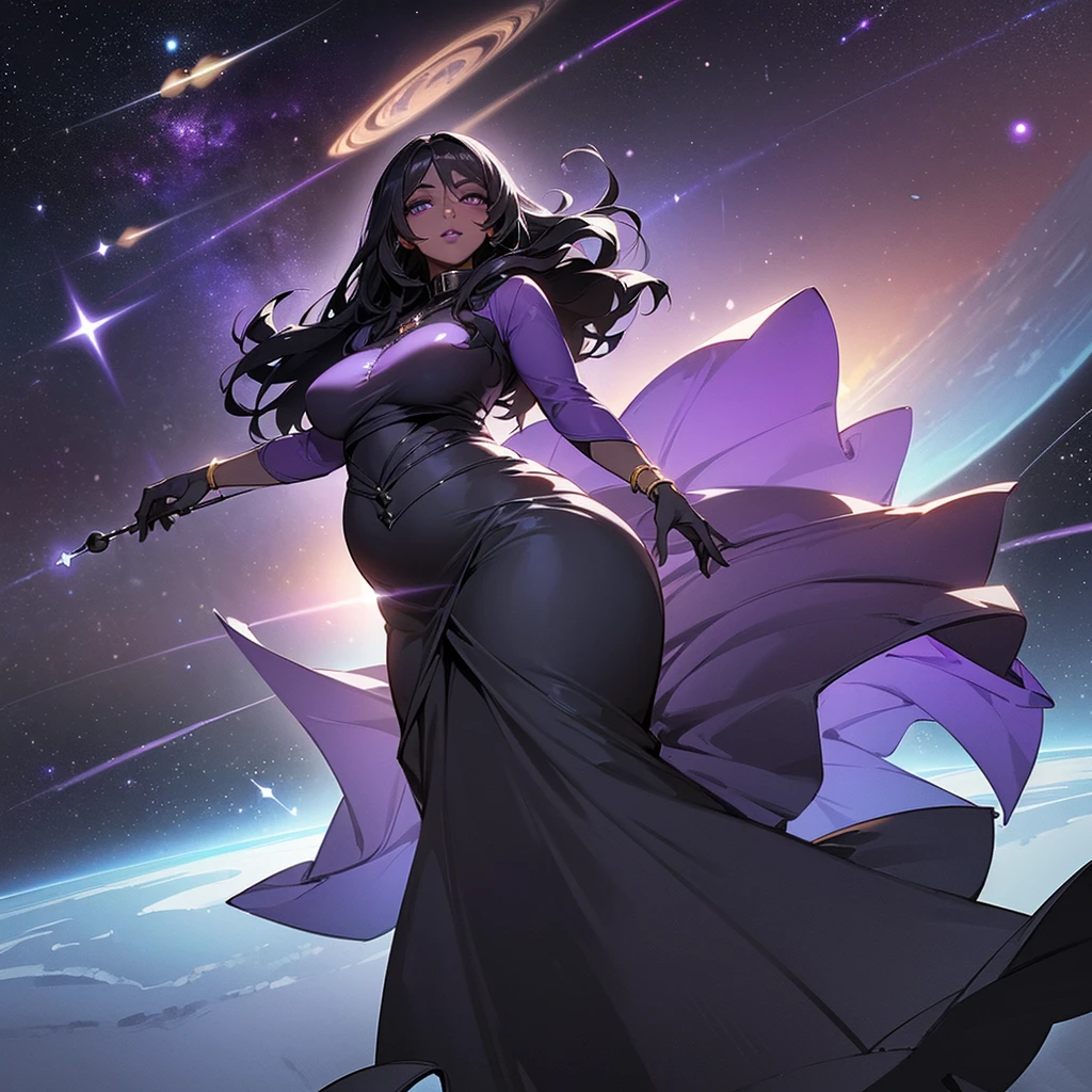 (((Alone Woman))),(((Black skin))),(((Black hair))),(((purple and serene eyes))),((thick lips)),(curvy body),(((Being in outer space surrounded by stars))),(((wearing a long beautiful dress)))