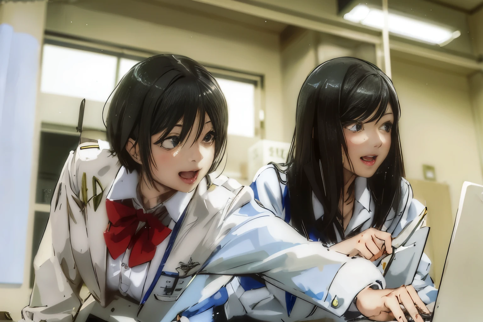 Has kind eyes,Two women in uniform are looking at a laptop screen, Japanese high school, wearing japanese school uniform, Two Japanese female students posing, The color of the uniform ribbon is blue, japanese school uniform,smile,2D anime character